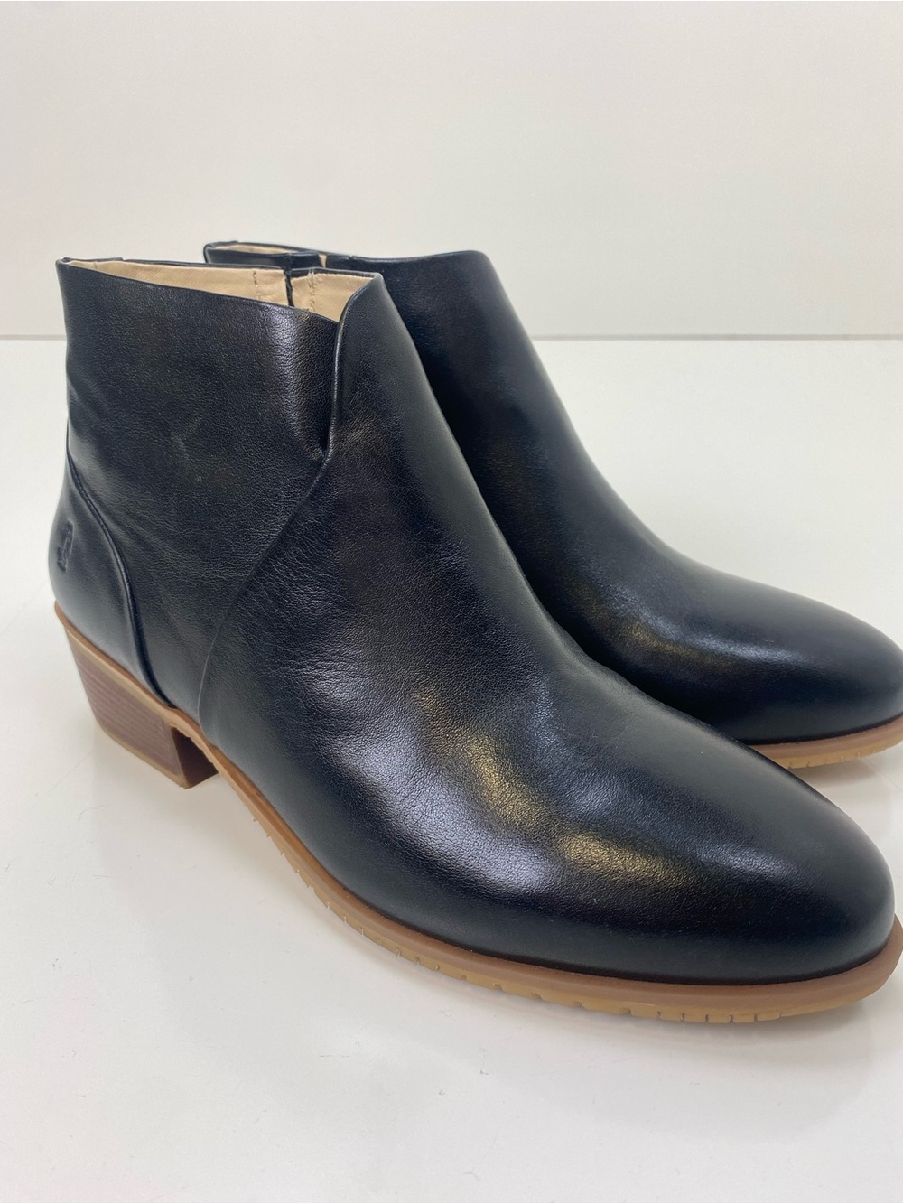 Hush Puppies Black Leather Ankle Booties with Tan Sole